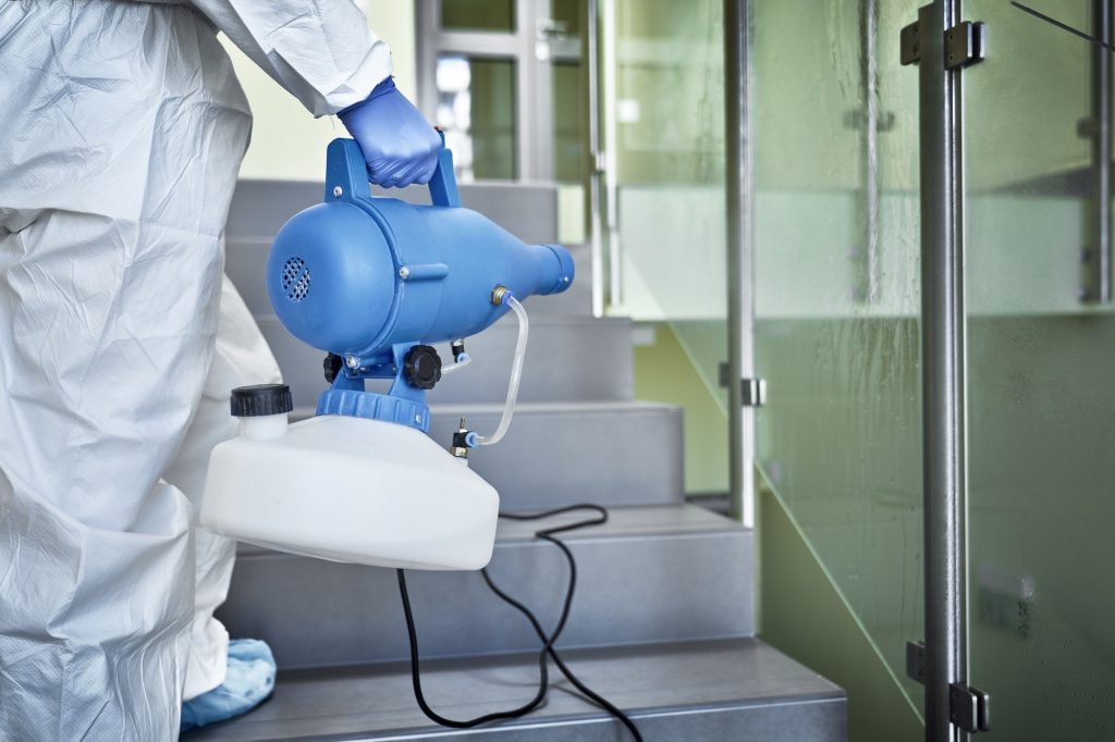 Close up of staircase disinfection